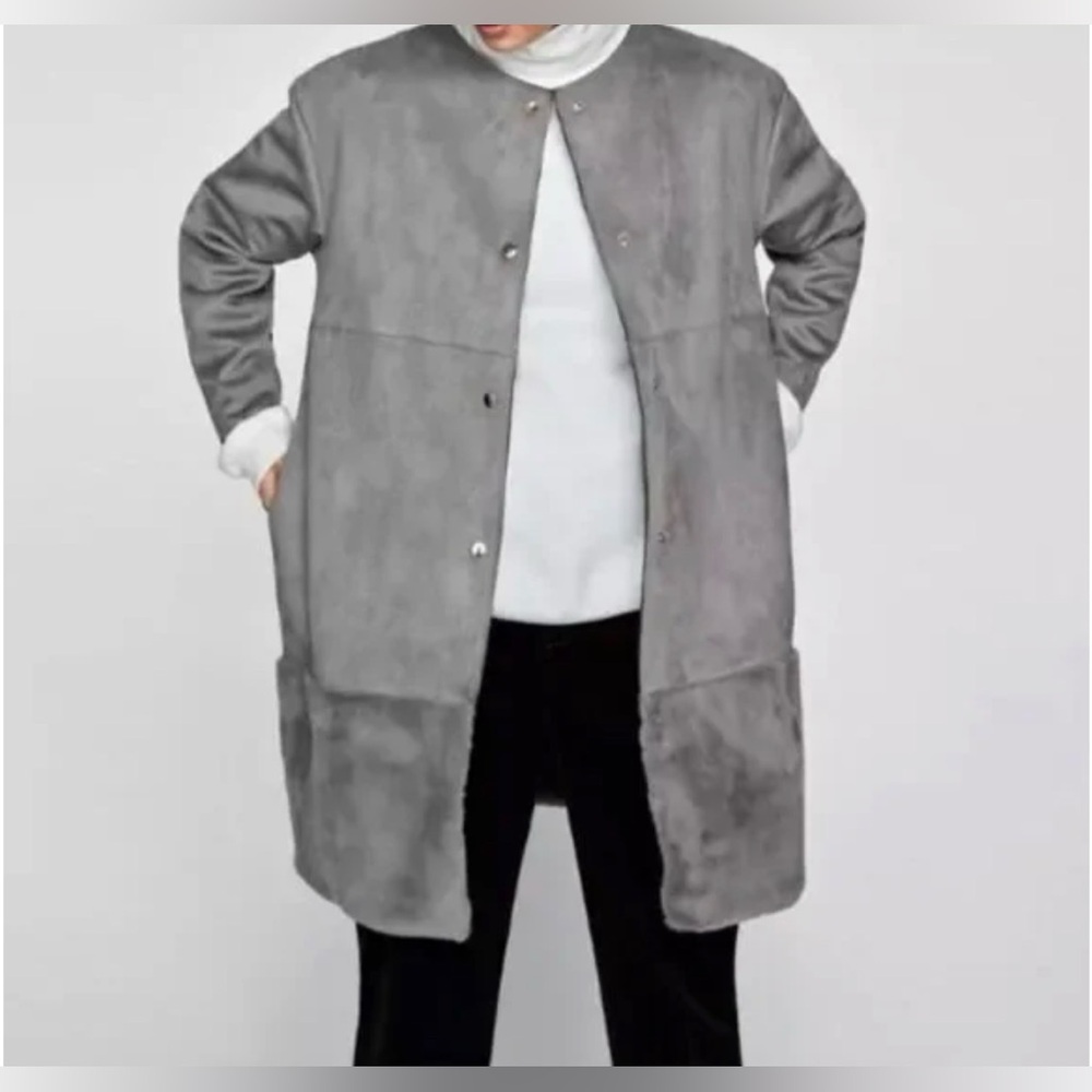 Zara Suede Fur Longline Snap Up Jacket Gray